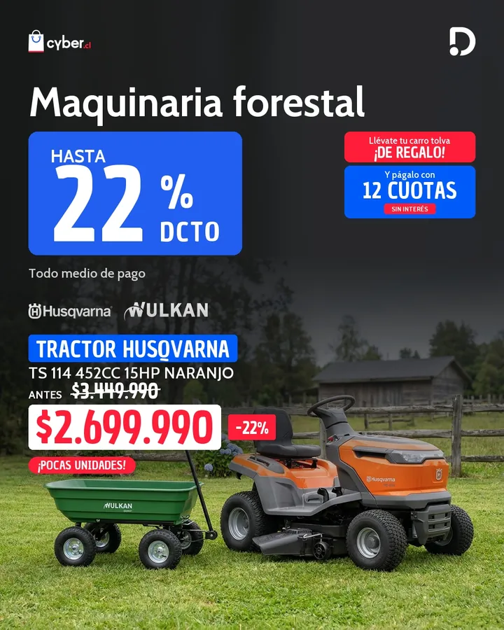 Ad de maquinaria forestal con tractor Husqvarna en un campo.