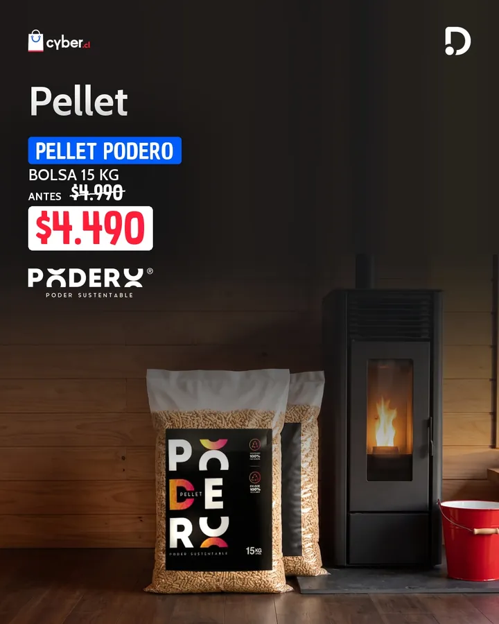Ad de pellet con estufa encendida y sacos de pellet.