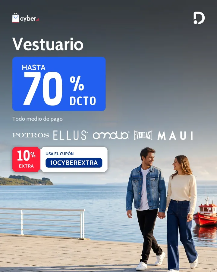 Ad de vestuario con cupón extra: pareja caminando junto al mar.