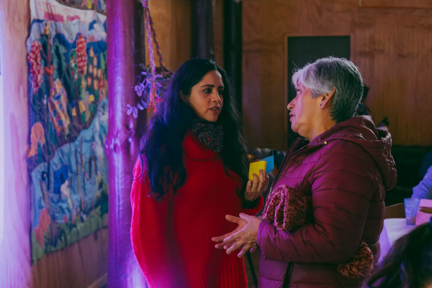 Dos mujeres conversan frente a un mural tejido durante el Malón del Humedal.