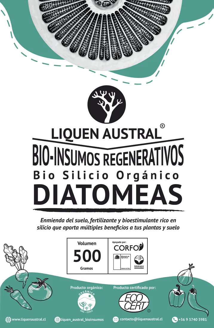 Etiqueta de Diatomeas, bio silicio orgánico de Liquen Austral.