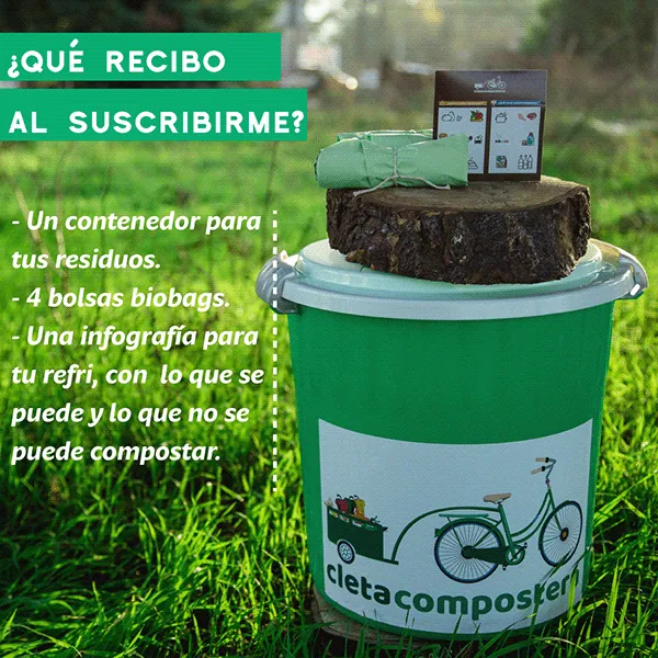Pieza de Cleta Compostera que explica qué recibe quien se suscribe, sobre foto de un balde de compost en el pasto.