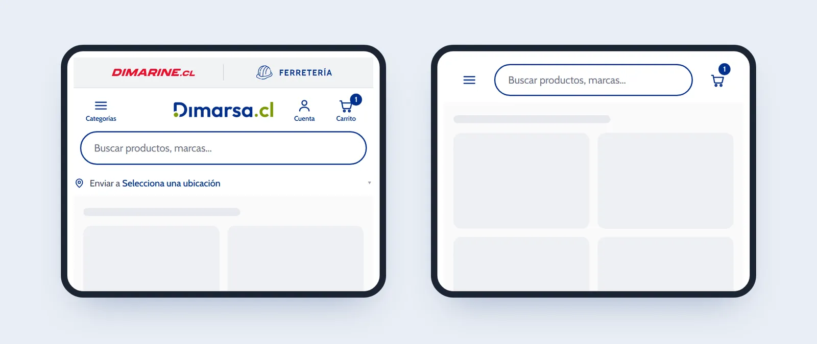 Dos pantallas de celular con el header móvil de dimarsa.cl, en estado normal y compacto al hacer scroll.