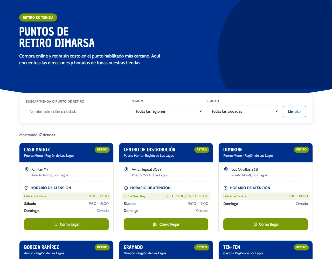 Landing Puntos de Retiro Dimarsa con buscador, filtros por región y ciudad y tarjetas de tiendas con horarios.